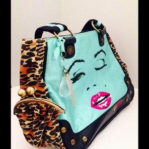 - Betsey Johnson leopard Aqua Marilyn face purse handbag vintage retro doll baby
